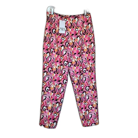 NWT Zara Pink Black Orange Paisley Pants Hi Rise Tapered Large MOD Funky Bright - Picture 2 of 10